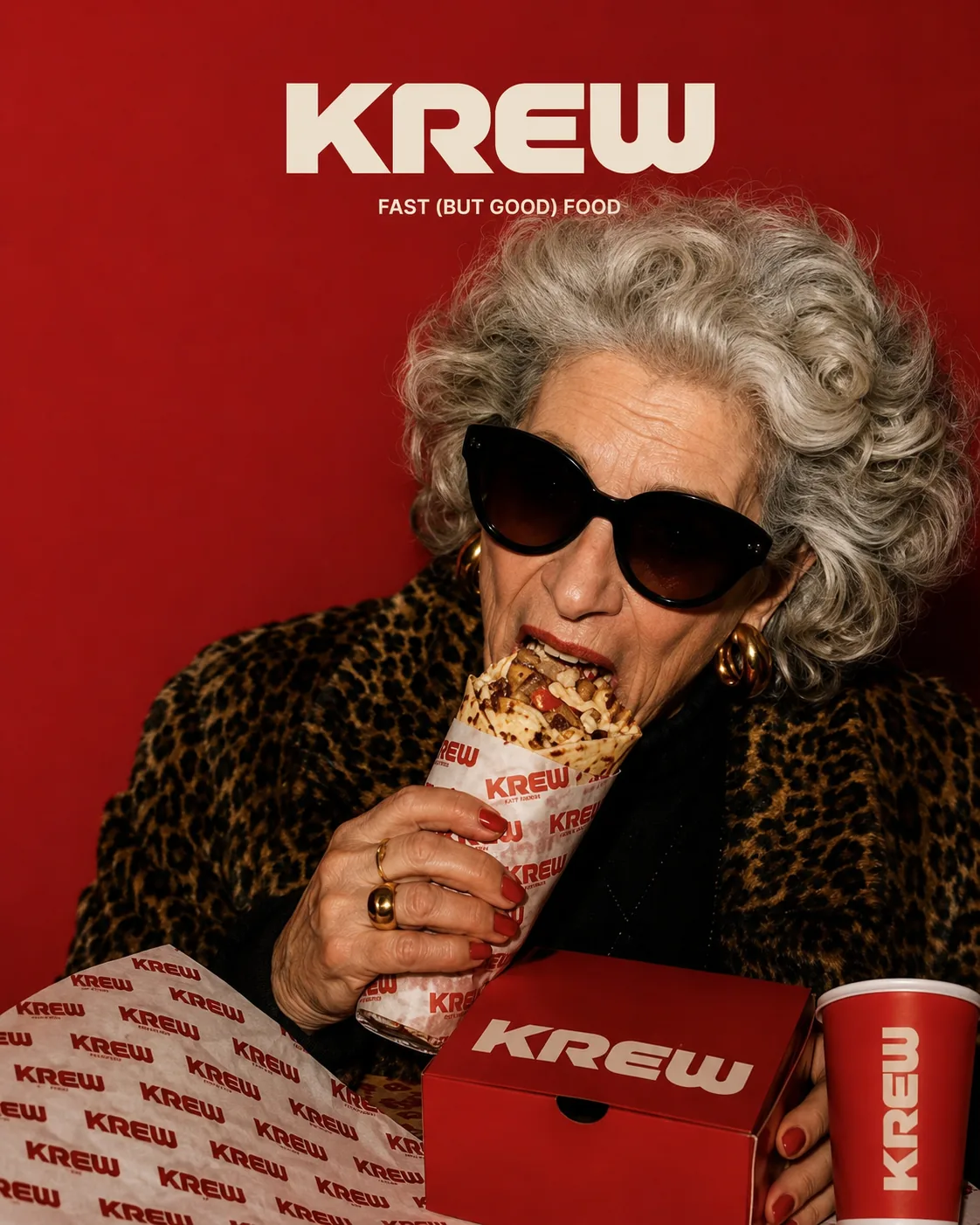 Señora con gafas de sol comiendo un roll de KREW