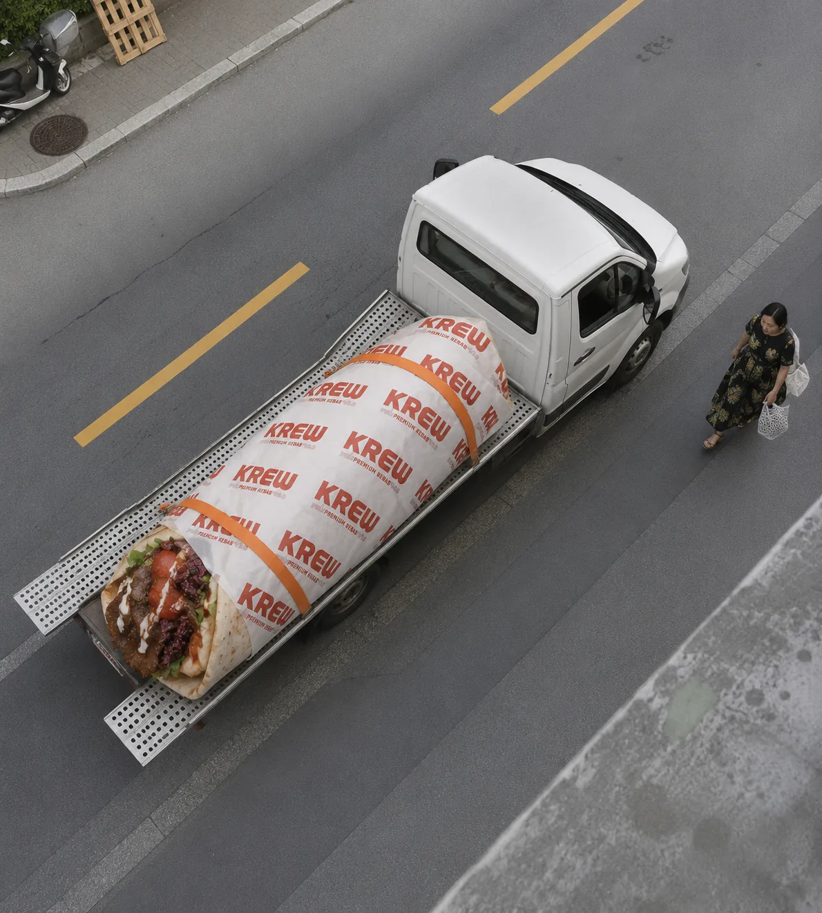 Camión con un roll gigante de KREW
