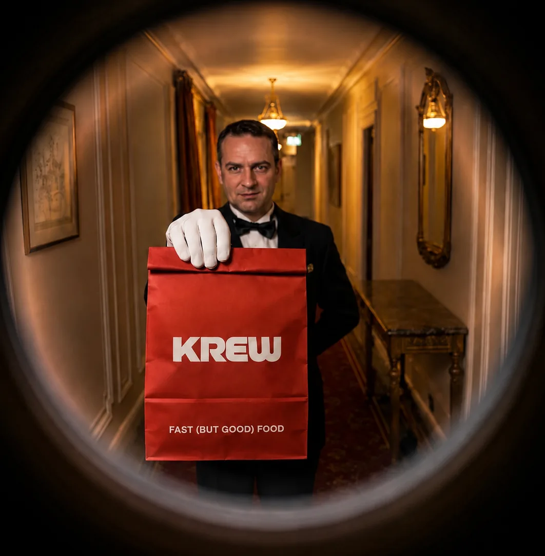 Portero de hotel entregando una bolsa de KREW