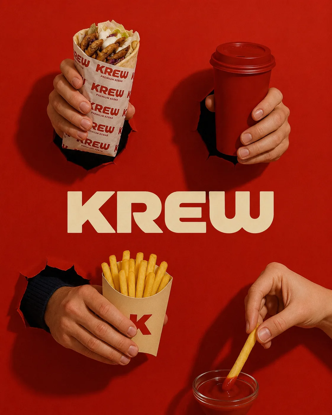 Rolls, patatas y bebida de KREW sobre fondo rojo